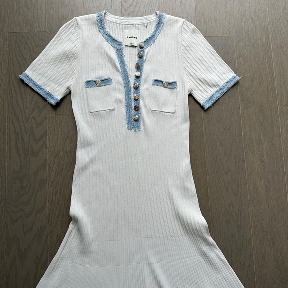 SANDRO Alecia Knit Denim Trim Midi Dress White Button Detail - FR 42 / US 10 - Picture 4 of 12